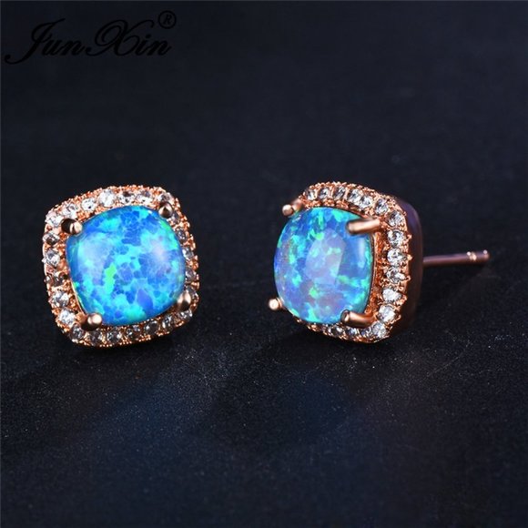 *18K Rose Gold Blue Opal Diamond Halo Earrings - Picture 4 of 6
